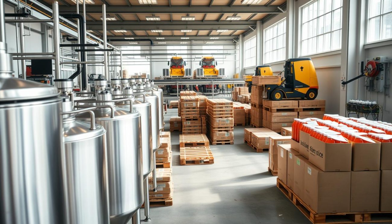A modern, well-organized cold-pressed juice processing facility. In the foreground, a row of stainless steel tanks stand ready, freshly filled with vibrant, nutrient-dense juices. Cardboard crates and pallets are arranged neatly, awaiting distribution to B2B partners across Europe. The middle ground features a network of conveyor belts and packaging machines, efficiently sealing and labeling the beverage bottles. Bright, natural lighting filters in through large windows, creating a clean, hygienic atmosphere. In the background, a bustling logistics hub, with forklifts and delivery trucks, ensures a seamless, reliable supply chain. This high-quality, organic juice production and distribution system conveys professionalism, attention to detail, and a commitment to delivering the finest cold-pressed beverages to discerning clients.