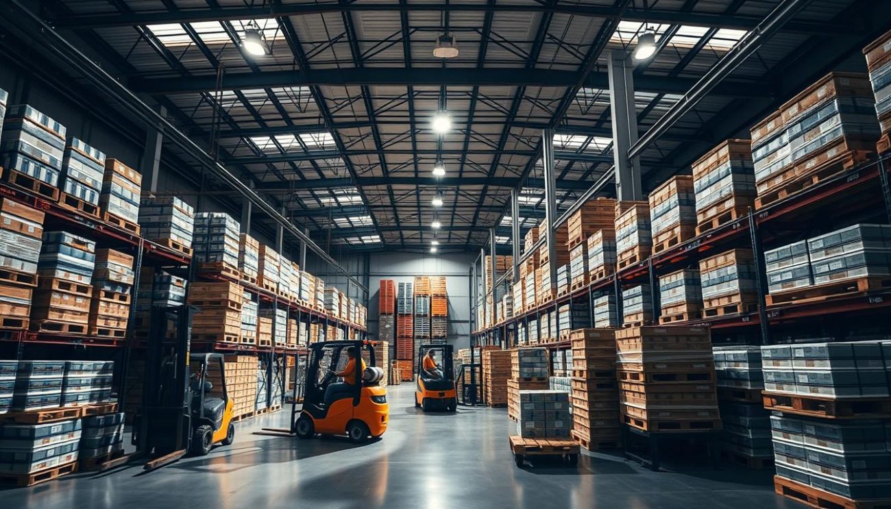 A modern, well-organized warehouse interior with rows of neatly stacked pallets and crates, ready for distribution. Forklifts efficiently move products as workers oversee the loading process. Bright, directional lighting illuminates the scene, casting long shadows. The atmosphere conveys a sense of productivity, efficiency, and reliable B2B beverage distribution. The camera angle captures the scale and organized flow of the operation, emphasizing the professional, industrial nature of the wholesale supply chain.