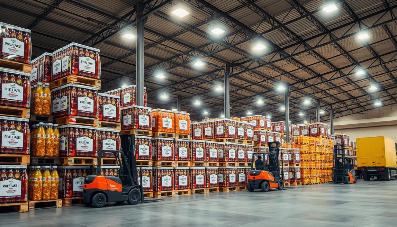 A modern, well-organized warehouse interior with rows of stacked pallets containing private label beverage bottles in various fruit flavors. Bright, diffused lighting from overhead fixtures casts a warm glow across the scene. Forklifts move efficiently, loading the pallets onto waiting trucks, ready to deliver the bulk orders to distribution centers across Europe. The atmosphere conveys a sense of productivity, efficiency, and the company's capability to fulfill large-scale wholesale orders for its private label beverage products.