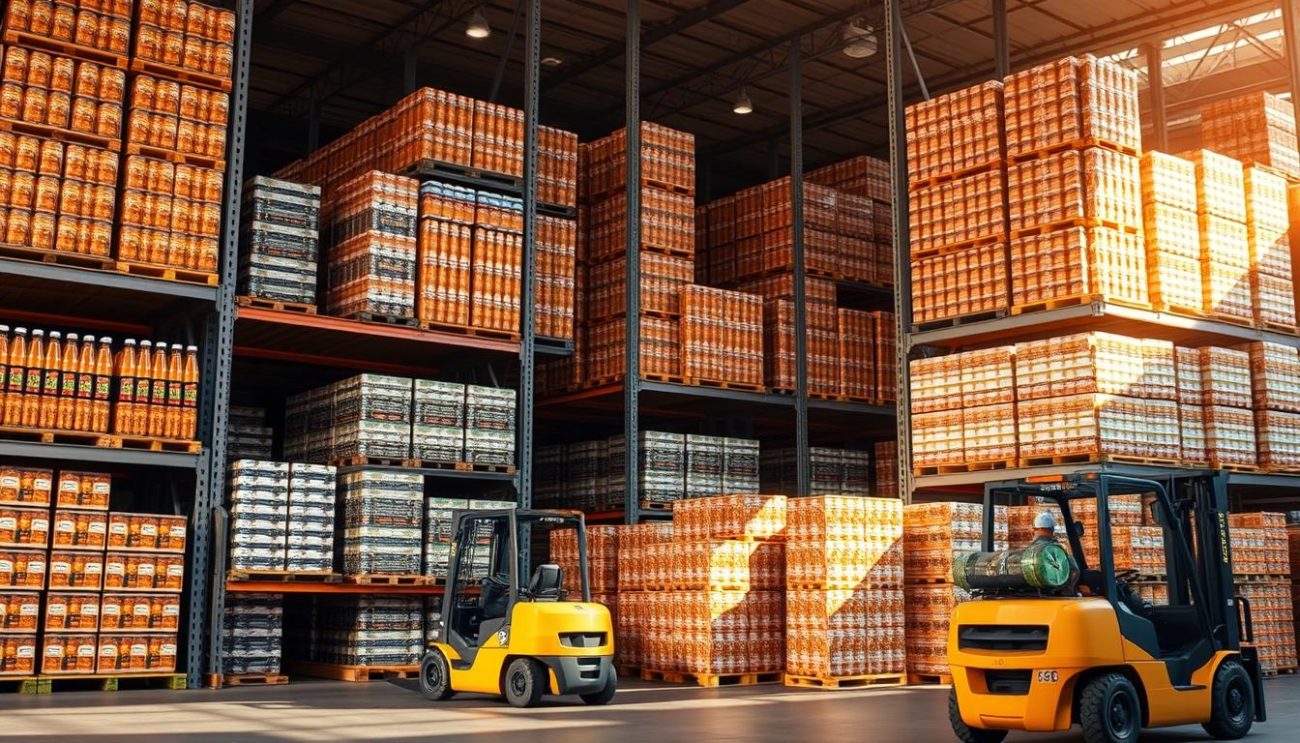 A modern, well-organized warehouse with high shelves stocked with neatly arranged pallets of non-GMO drink bottles and crates. Forklifts efficiently move the bulks, highlighting the streamlined logistics. Warm, directional lighting casts long shadows, conveying a sense of industrious activity. The scene depicts the efficient, large-scale distribution capabilities of a trusted wholesale partner, ready to fulfill bulk orders with speed and precision.