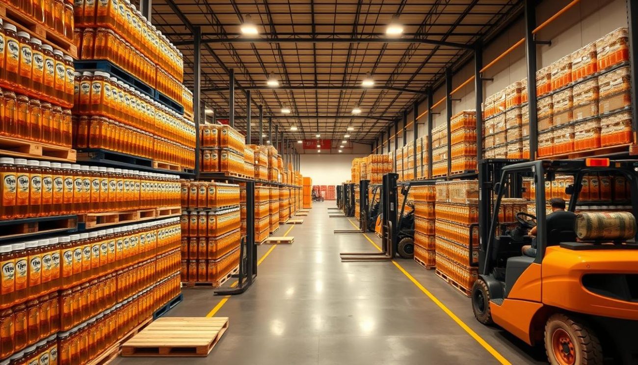 A modern, well-organized warehouse with rows of neatly stacked pallets, each containing an assortment of RTD iced tea bottles. Forklifts move efficiently, loading the pallets onto waiting trucks. The lighting is warm and diffused, creating a sense of productivity and professionalism. The scene conveys a flexible, streamlined bulk order fulfillment process, ready to meet the demands of Europe's thriving wholesale market. The clean, organized layout and attention to detail suggest a reliable, trustworthy partner for large-scale iced tea orders.