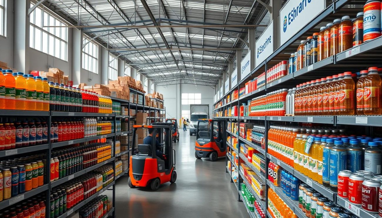 A modern, well-stocked European sports beverage distribution center. In the foreground, a variety of colorful, branded sports drink bottles and cans are neatly arranged on sleek steel shelving. In the middle ground, forklift trucks and workers in uniforms move efficiently through the warehouse, stocking shelves and loading delivery trucks. The background features high ceilings, exposed steel beams, and large windows allowing natural light to flood the space, creating a clean, professional atmosphere. Subtle branding elements, such as company logos, are tastefully integrated throughout the scene. The overall impression is one of a well-oiled, state-of-the-art distribution operation serving the needs of discerning sports enthusiasts across the continent.