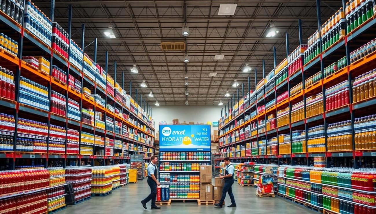 A modern, well-stocked hydration drinks wholesaler facility, showcasing an array of premium bottled water, sports drinks, and fruit juices. The scene depicts a spacious warehouse interior with shelves lining the walls, stocked with a diverse selection of colorful, neatly organized beverages. Bright, even lighting from overhead fixtures illuminates the space, creating a clean, professional atmosphere. In the foreground, a team of employees in uniforms move efficiently, preparing orders for shipment. The middle ground features a large central display showcasing the company's top-selling hydration products. In the background, the warehouse extends into the distance, conveying a sense of scale and operational capacity. The overall mood is one of reliability, quality, and a commitment to quenching the thirst of consumers nationwide.