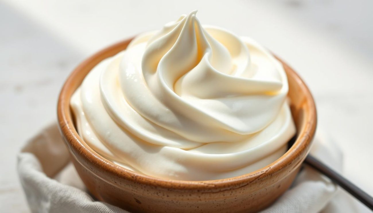 A mouthwatering homemade whipped cream dessert, swirled and dolloped in a rustic ceramic bowl. The Chantilly cream is thick, smooth, and creamy, with delicate vanilla notes. It is surrounded by a minimalist backdrop of soft, natural lighting, highlighting the inviting texture and sheen of the cream. The overall mood is one of simple elegance and comfort, evoking the homemade charm of a classic French dessert.
