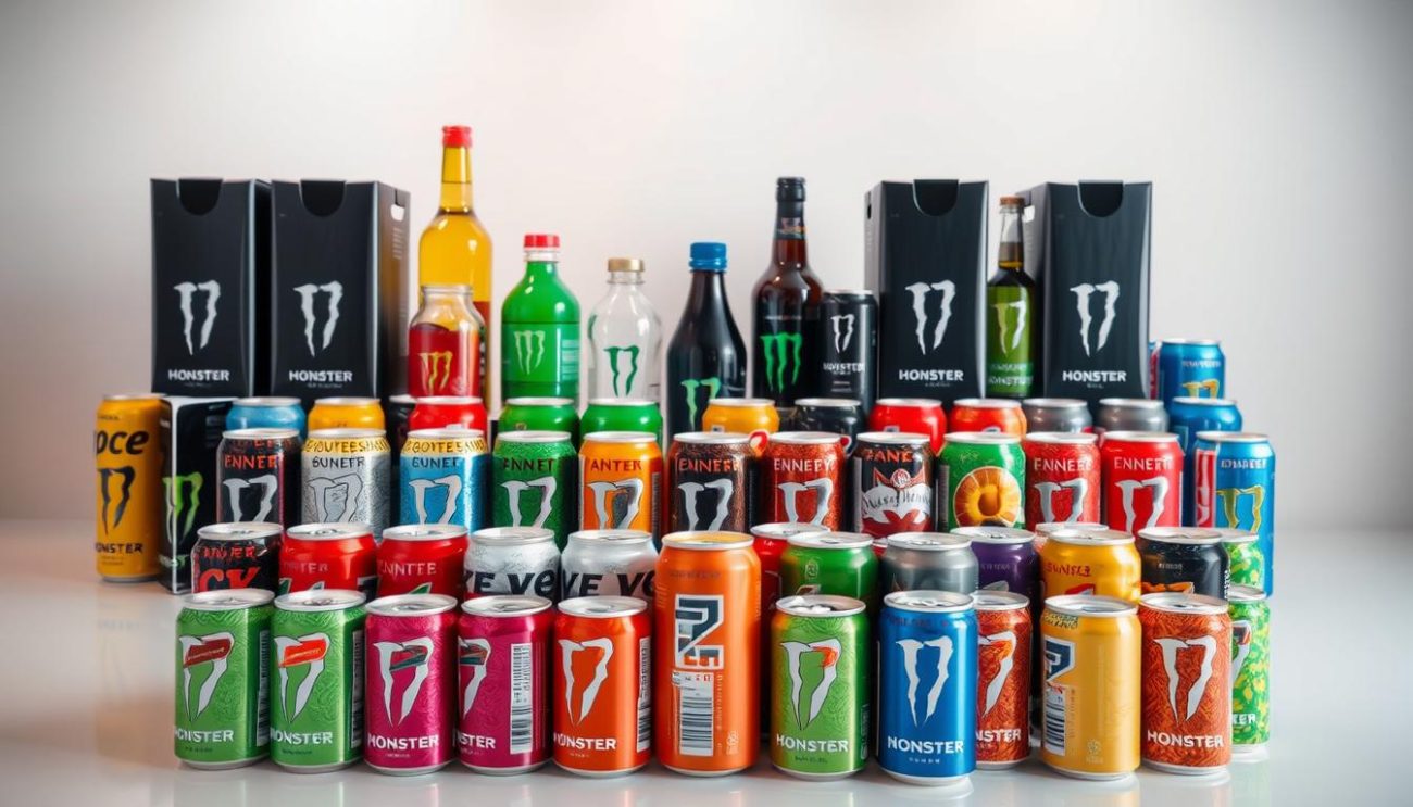 A neatly arranged display of energy drink cans and bottles, showcasing a diverse product range. The foreground features an assortment of vibrant, eye-catching cans in various flavors, arranged in a dynamic, three-dimensional layout. The middle ground includes larger bottles and cartons, highlighting the different sizes and packaging options available. The background features a clean, minimalist setting, with soft, diffused lighting creating a sense of sophistication and premium quality. The overall composition conveys a sense of energy, vitality, and a wide selection of options for the discerning energy drink consumer.