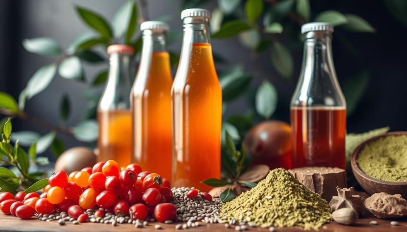 A neatly arranged display of organic energy drink ingredients, captured in a warm, natural lighting. In the foreground, vibrant superfoods like goji berries, chia seeds, and matcha powder are carefully placed, their textures and colors accentuated. The middle ground features glass bottles filled with amber-hued, lightly carbonated liquid, hinting at the refreshing, sugar-free energy blend within. In the background, lush green leaves and earthy tones create a sense of vitality and wellness, complementing the premium, health-conscious aesthetic. The overall composition exudes a premium, artisanal quality, inviting the viewer to imagine the invigorating, organic energy experience.