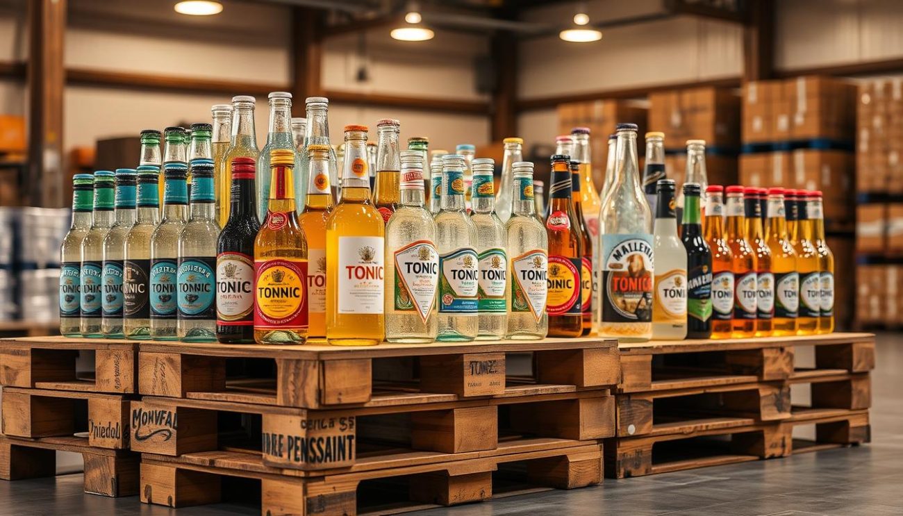 A neatly arranged display of tonic water products in a well-lit commercial setting. An assortment of glass bottles and cans in various sizes and flavors, with bold labels and distinctive branding, sit atop sturdy wooden pallets. The scene conveys a sense of professionalism and attention to detail, as if these products are ready to be shipped out to bars and restaurants seeking a reliable tonic water supplier. The lighting is warm and even, creating a welcoming atmosphere that highlights the clarity and carbonation of the beverages. The overall composition emphasizes the variety and quality of the tonic water offerings, ready to cater to the discerning tastes of the hospitality industry.