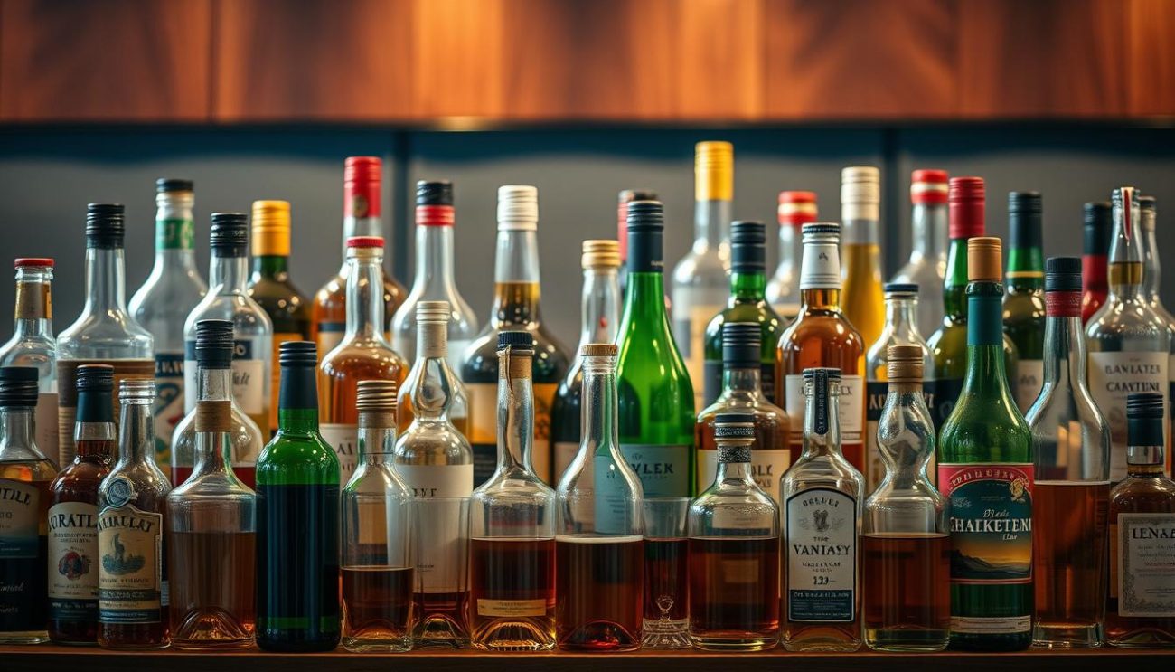 A neatly arranged display of various beverage categories, captured in a warm, sophisticated lighting. In the foreground, an array of different glass bottles and containers, each representing a distinct beverage type - spirits, wines, beers, and non-alcoholic options. The middle ground showcases the diverse shapes and colors of the bottles, creating a visually striking composition. In the background, a subtle blurred setting, perhaps a wooden or marble surface, to emphasize the focal point of the beverages. The image conveys a sense of quality, variety, and the breadth of the product range beyond just whisky.