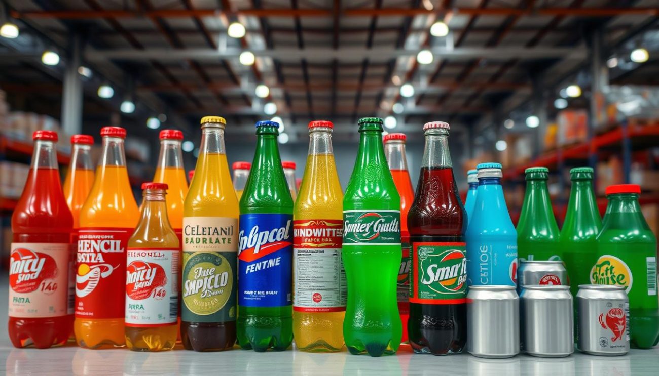 A neatly arranged display of various carbonated soft drink varieties, showcasing an assortment of bottles and cans in a well-lit warehouse setting. The bottles and cans are positioned with precision, creating a visually appealing and organized arrangement. The lighting is soft and diffused, highlighting the vibrant colors and glossy surfaces of the products. The background features the warehouse's clean, modern interior, with a sense of depth and scale to convey the idea of a large-scale distribution operation. The overall composition conveys a sense of professionalism, attention to detail, and a commitment to offering a diverse range of high-quality beverage products.