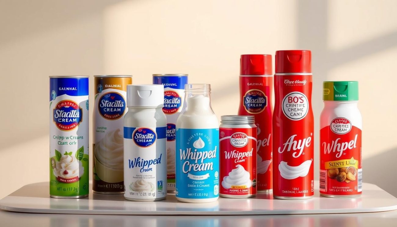 A neatly arranged display of various whipped cream canisters, showcasing their distinct branding and packaging design. The canisters are positioned on a sleek, modern table with a minimal, clean background, allowing the products to take center stage. Warm, directional lighting casts gentle shadows, highlighting the curves and textures of the canisters. The image captures the essence of a comparative product showcase, inviting the viewer to examine and compare the different whipped cream options available.