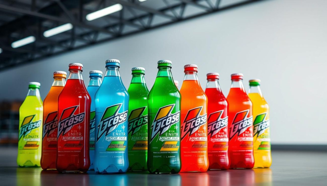 A neatly arranged selection of distinctive energy drink flavors, each bottle showcasing a vibrant, eye-catching design. In the foreground, an array of bottles in various hues - lime green, electric blue, fiery red - stand out against a clean, minimalist background. The middle ground features a dynamic composition, with the bottles slightly angled and overlapping, creating a sense of depth and movement. In the background, a dimly lit warehouse setting provides a subtle industrial vibe, hinting at the efficient logistics behind the product's distribution. Crisp, directional lighting illuminates the drinks, emphasizing their alluring transparency and the promise of an enhanced taste experience.