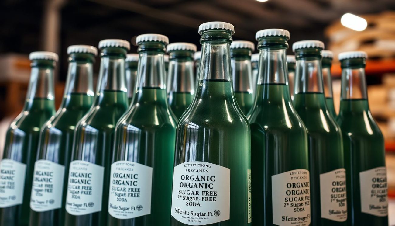 A neatly arranged stack of sleek, translucent glass bottles filled with organic, sugar-free soda gleam under soft, diffused lighting. The bottles' elegant silhouettes and minimalist labels create a sophisticated, premium aesthetic. In the background, a blurred warehouse setting suggests the bottles' availability in bulk, ready for distribution. The overall scene conveys a sense of quality, health-consciousness, and modern design that sets these beverages apart from conventional soft drinks.