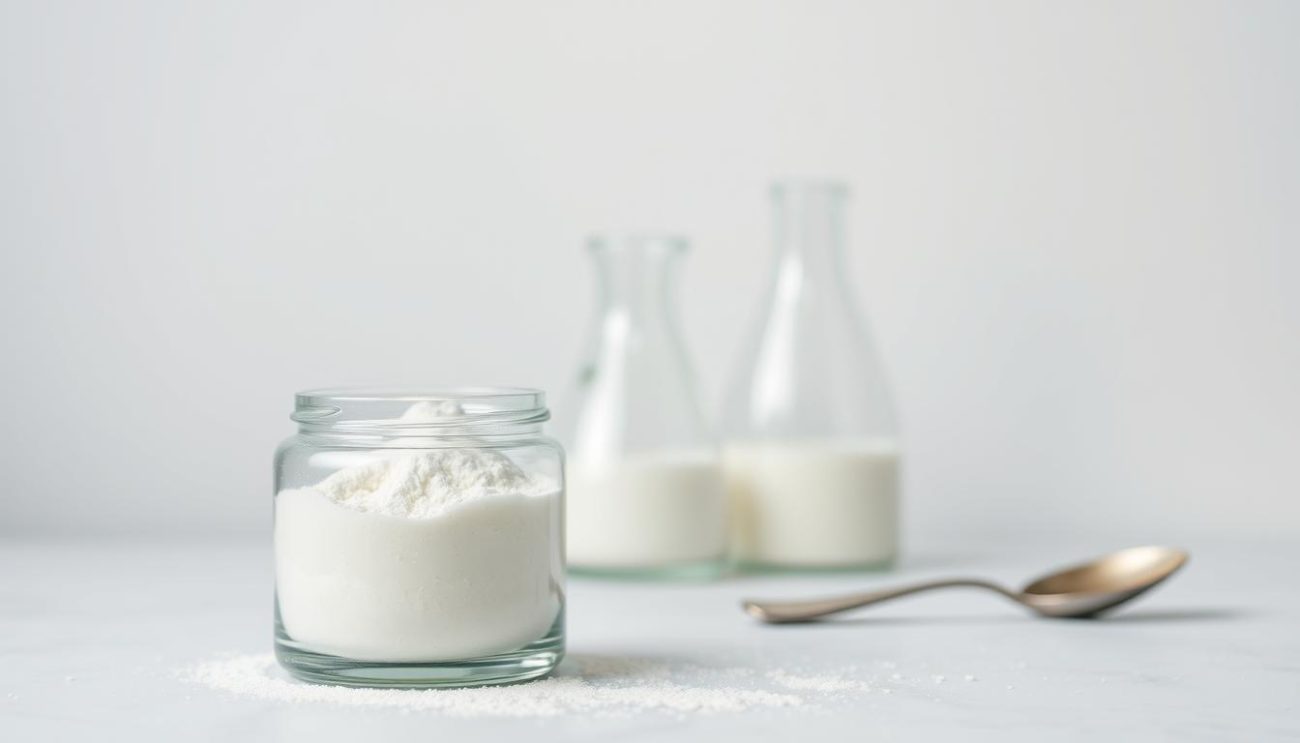 A neatly arranged still life showcasing the premium quality of goat milk powder. In the foreground, a glass canister filled with a fine, powdery white substance - the pure, unadulterated goat milk powder. Pristine and alluring, the powder appears to glow under the soft, diffused lighting. In the middle ground, an elegant glass beaker and a laboratory-grade spoon, hinting at the rigorous testing and quality control measures. The background features a minimal, neutral-toned backdrop, allowing the product to take center stage and exude an air of professionalism and expertise. The overall composition radiates a sense of purity, precision, and the unwavering commitment to providing the finest goat milk powder.