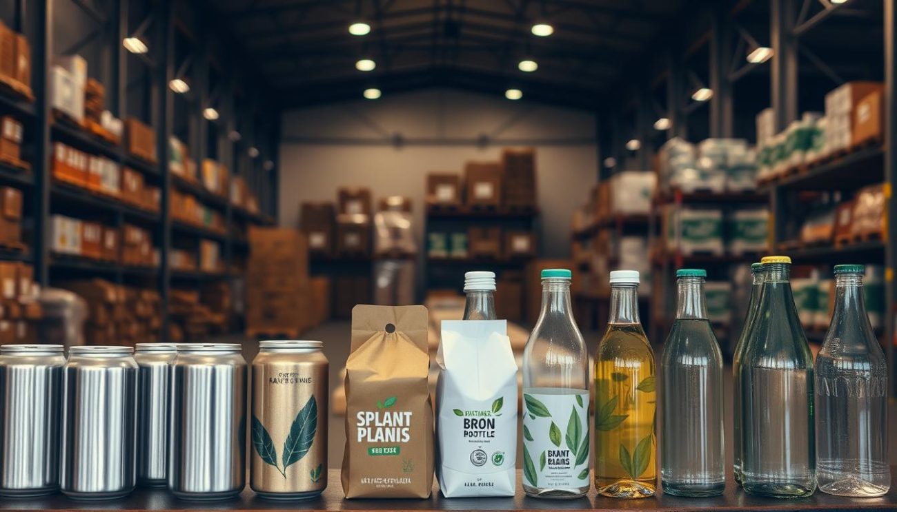 A neatly arranged warehouse interior, dimly lit with warm tones. In the foreground, various sustainable beverage packaging options stand out - sleek aluminum cans, plant-based bottles, and refillable glass containers. In the middle ground, stacks of these eco-friendly packages are ready for distribution, showcasing their durability and versatility. The background reveals a sense of organization, with shelves and pallets strategically placed, hinting at the efficient logistics behind the sustainable beverage operation. The overall atmosphere conveys a commitment to environmental responsibility and a forward-thinking approach to product packaging.