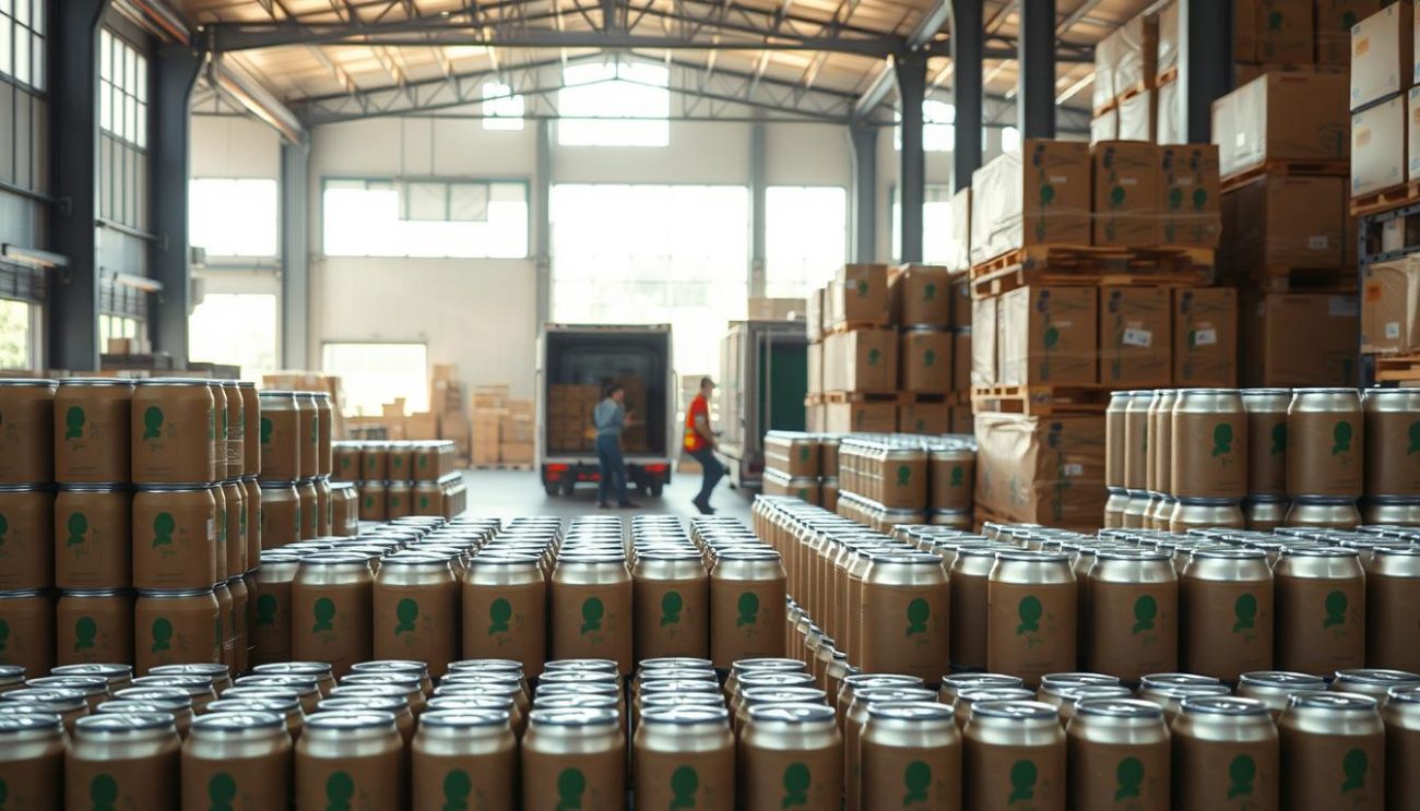 A neatly arranged warehouse interior, filled with stacks of sustainable energy drink packaging. In the foreground, sleek, minimalist cans in muted earth tones sit atop sturdy pallets, ready for eco-friendly distribution. The middle ground showcases the efficient packing process, with workers carefully loading the pallets onto delivery trucks. In the background, large windows flood the space with natural light, casting a warm, inviting glow. The overall atmosphere conveys a sense of environmentally conscious production and responsible sourcing, reflecting the brand's commitment to sustainable practices. Realistic textures, accurate proportions, and a balanced composition bring this sustainable energy drink packaging to life.