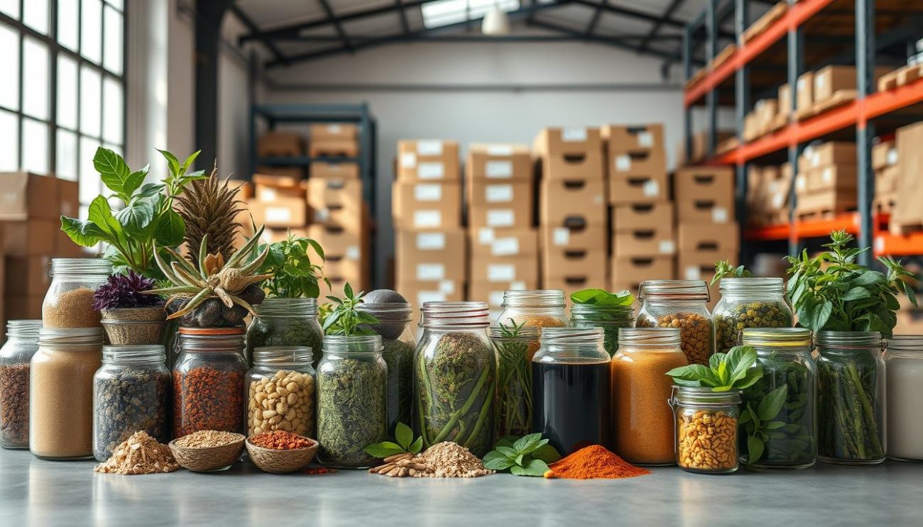 A neatly organized display of functional beverage ingredients, arranged in a modern warehouse setting. In the foreground, glass jars and airtight containers showcase an array of vibrant superfoods, herbs, and plant-based extracts. The middle ground features stacks of cardboard boxes and metal shelving units, hinting at the wholesale packaging and distribution process. The background is softly illuminated, creating a professional, yet inviting atmosphere. The lighting is natural and diffuse, highlighting the rich colors and textures of the ingredients. The overall composition conveys a sense of quality, care, and commitment to providing high-quality vegan beverage options.