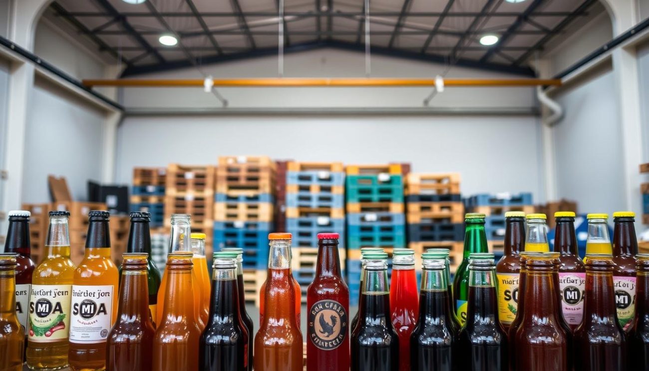 A neatly organized display of premium craft sodas, showcasing an enticing selection of artisanal flavors. In the foreground, an assortment of glass bottles in various hues and shapes, their labels highlighting the unique characteristics of each variety. The middle ground features carefully stacked crates and wooden pallets, ready to be loaded onto a delivery truck, conveying a sense of a well-curated wholesale operation. The background depicts a clean, well-lit warehouse interior, with subtle industrial elements suggesting a dedication to quality and efficiency. The overall mood is one of craftsmanship, attention to detail, and a commitment to elevating the craft soda drinking experience.