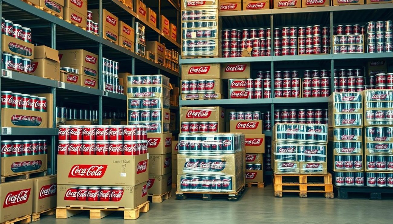 A neatly organized warehouse, its shelves brimming with stacks of Coca-Cola 330ml cans. The cans are nestled in sustainable packaging solutions - sturdy cardboard boxes with minimal plastic, designed to protect the product's integrity while reducing environmental impact. Carefully arranged pallets await transport, a testament to efficient logistics and a commitment to responsible distribution. Soft, diffused lighting casts a warm glow, accentuating the clean, modern aesthetic of the packaging. The scene conveys a sense of reliability, environmental consciousness, and a brand's dedication to delivering quality products through ethical and sustainable means.