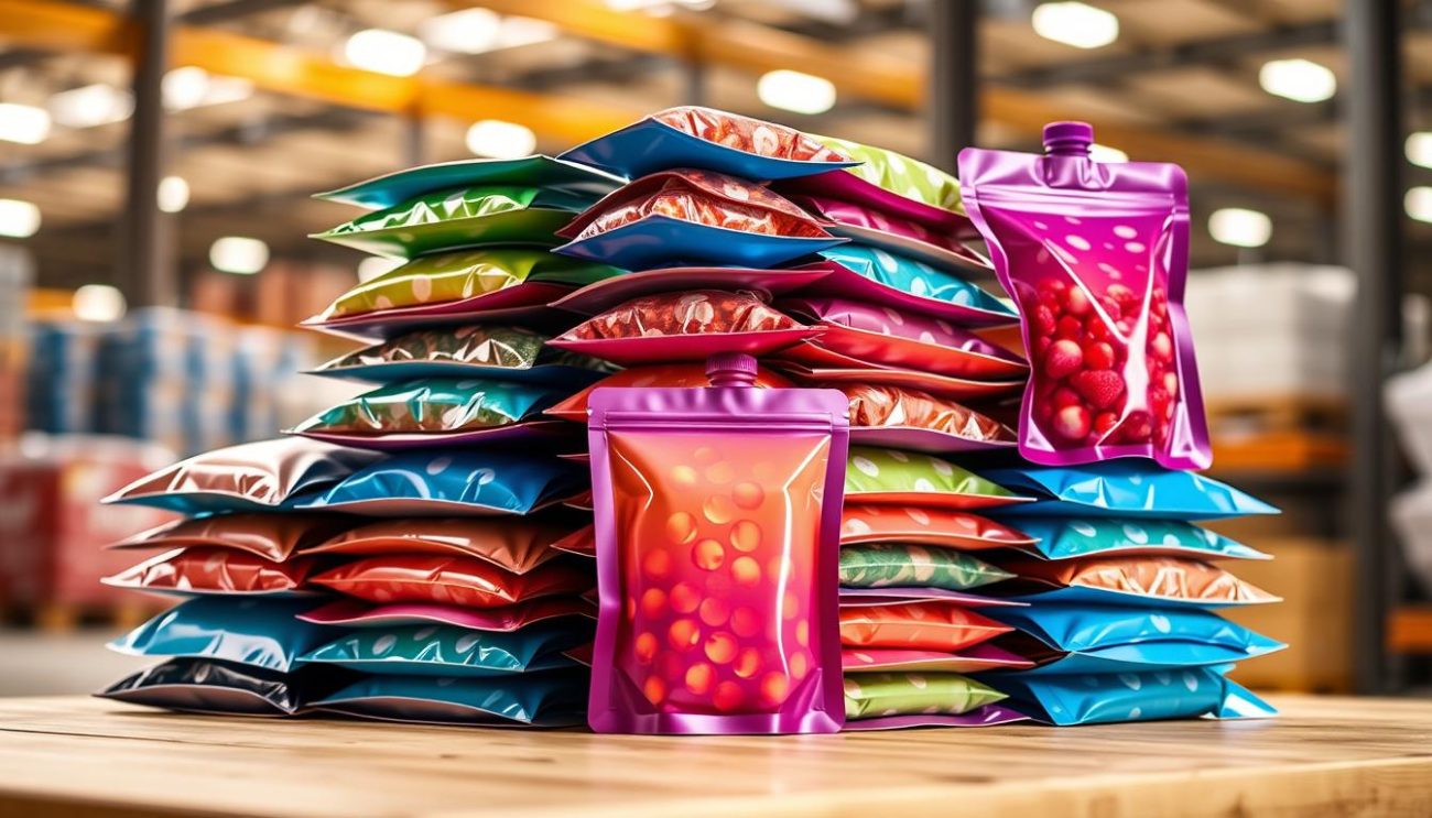 A neatly stacked pile of resealable pouches filled with refreshing hydration, their vibrant colors and sleek design standing out against the clean, well-lit warehouse backdrop. Smooth, reflective surfaces capture the warm, ambient lighting, creating a sense of quality and care in the packaging. The pouches are arranged in a visually appealing, organized manner, ready to be efficiently distributed to various locations, showcasing the B2B distribution and wholesale advantages of this trusted wholesale partner.