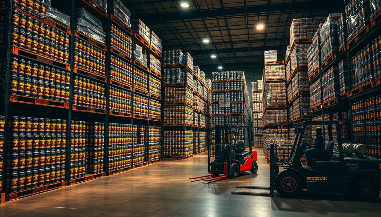 A pallet-laden warehouse, shelves stacked high with Rockstar Energy drink cases, illuminated by warm, industrial lighting. Forklifts navigate the aisles, meticulously arranging the bulks for shipping. Vibrant colors of the iconic Rockstar cans pop against the muted tones of the concrete floors and steel racks. Shadows cast by the pallets create a sense of depth and structure, highlighting the careful organization of the energy drink inventory. The scene conveys efficiency, precision, and the ready-to-ship nature of the Rockstar pallet manifests, capturing the essence of a trusted wholesale partner's streamlined logistics.