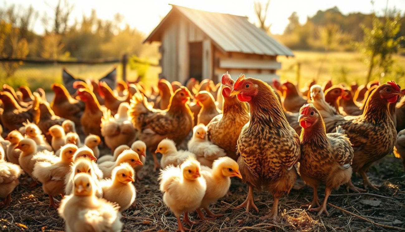 A pastoral scene of a hen coop, bathed in warm, golden sunlight. In the foreground, a brood of chicks scurry about, their soft, downy feathers catching the rays. In the middle ground, a group of mature hens cluck contentedly as they forage for feed, their feathers shimmering in a palette of browns and whites. In the background, a rustic wooden structure stands, its weathered boards and slanted roof adding to the tranquil, bucolic atmosphere. The overall scene conveys a sense of peaceful productivity, reflecting the natural process of egg production.