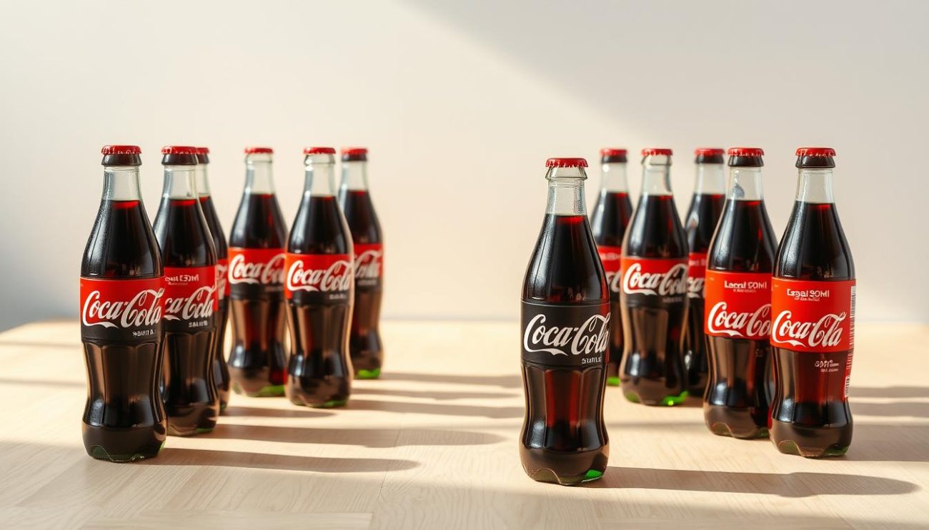 A pristine and meticulously detailed image of Coca-Cola 330ml glass bottles arranged on a light wooden surface, showcasing a variety of wholesale pricing options from across Europe. The bottles are illuminated by soft, diffused natural lighting, casting subtle shadows and highlighting the iconic Coca-Cola branding. The middle ground features a clean, uncluttered composition, allowing the products to be the focal point. The background seamlessly blends into a minimalist setting, keeping the viewer's attention on the assortment of Coca-Cola 330ml bottles and their associated wholesale pricing information.
