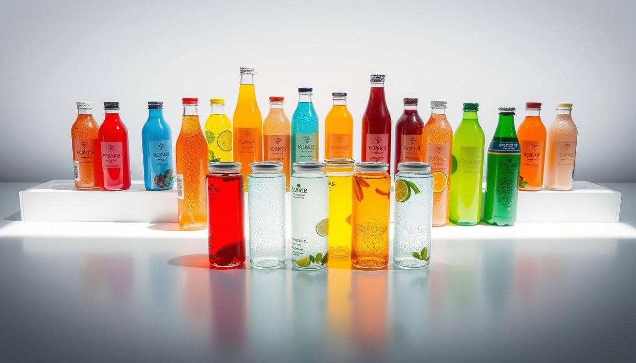 A pristine display of isotonic hydration solutions UK, showcased in a sleek, minimalist setting. A dynamic arrangement of vibrant, translucent bottles and cans, their contents shimmering under soft, directional lighting. The foreground features a diverse selection of flavors, meticulously arranged to highlight their distinct colors and textures. The middle ground reveals the brand's sophisticated packaging design, emphasizing its premium quality. In the background, a clean, white backdrop provides a crisp, uncluttered canvas, allowing the products to take center stage. The overall composition exudes a sense of health, purity, and refreshment, perfectly aligning with the article's subject and section title.