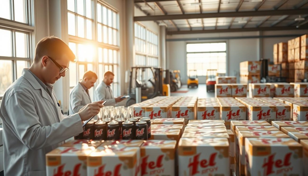 A pristine laboratory setting, bathed in the warm glow of natural light filtering through large windows. In the foreground, a team of technicians in crisp white lab coats carefully inspects and tests a selection of beverage samples, meticulously documenting their findings. The middle ground showcases rows of neatly stacked pallets, each bearing the logo of the "Hell Energy Drink" brand, ready to be shipped to customers. The background depicts a well-organized warehouse, with forklifts and logistical equipment ensuring the efficient movement of the certified products. The overall atmosphere conveys a sense of professionalism, quality assurance, and a commitment to delivering a superior beverage experience.