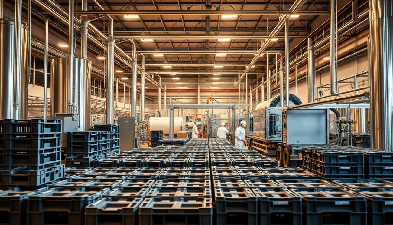 A pristine production facility, bathed in warm, soft lighting that highlights the pristine stainless-steel equipment and state-of-the-art bottling lines. In the foreground, rows of neatly stacked crates and barrels, ready to be loaded onto delivery trucks, showcasing the meticulous organization and commitment to quality. The middle ground features a team of skilled workers, clad in clean, white uniforms, meticulously inspecting each batch, ensuring adherence to the highest European safety and quality standards. In the background, a panoramic view of the facility, with its gleaming facades and impressive scale, conveying a sense of technological prowess and industrial excellence. The overall atmosphere is one of precision, efficiency, and unwavering dedication to producing the finest European beverages.