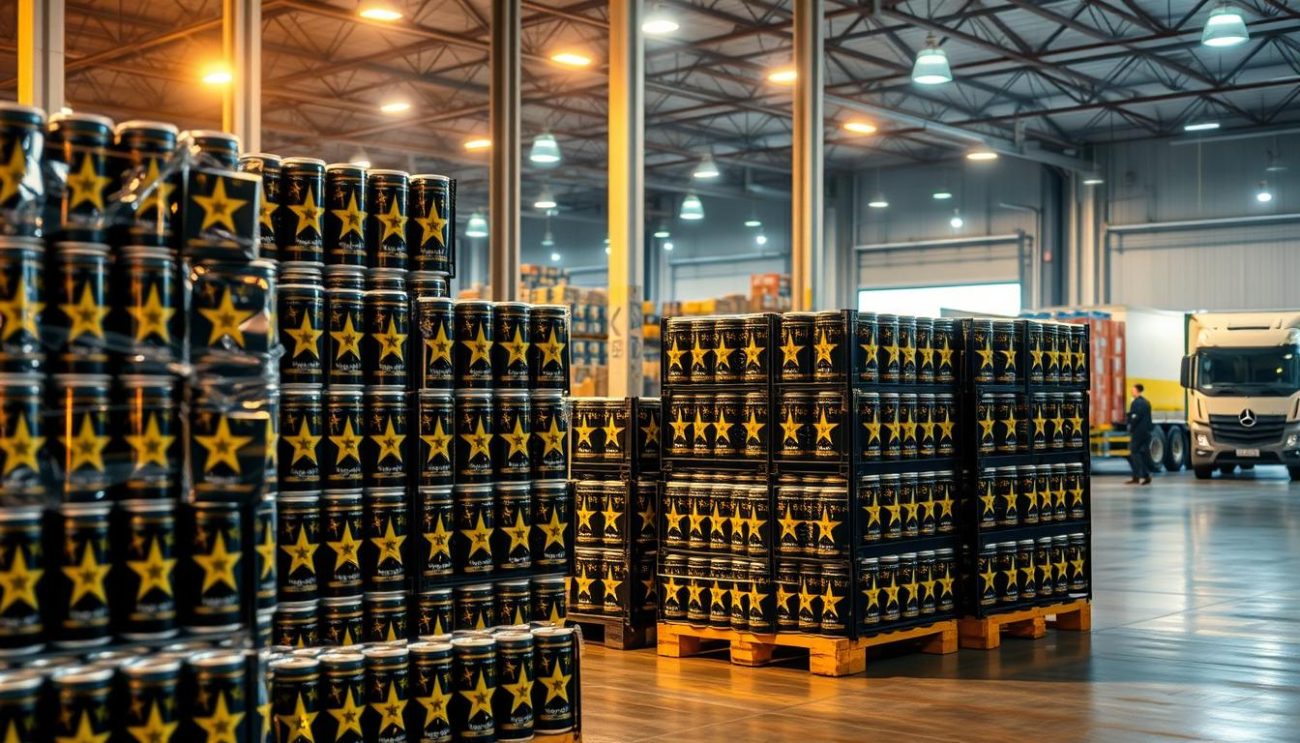 A pristine warehouse interior, bathed in warm, soft lighting. In the foreground, neatly stacked pallets of Rockstar Energy Drinks, each can meticulously arranged and secured. The middle ground showcases quality control personnel carefully inspecting the crates, ensuring freshness and integrity. In the background, a fleet of delivery trucks waits, ready to transport the premium energy drinks to their destinations across Europe. Emphasis on the attention to detail, quality assurance, and logistical efficiency that defines this trusted wholesale partner.
