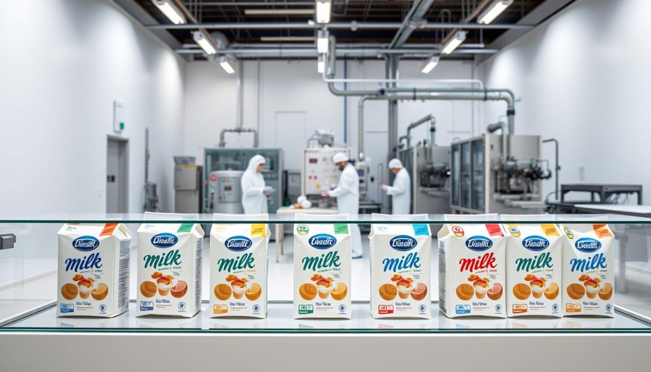 A pristine, well-lit studio setting showcasing a high-quality milk powder beverage supplier. In the foreground, a sleek glass display case presents various premium milk powder product packages, each meticulously designed with clean typography and vibrant, appetizing imagery. The middle ground features a team of white-coated professionals diligently inspecting and packaging the powder, ensuring the utmost attention to detail and quality control. In the background, state-of-the-art processing equipment and modern, efficient production lines hint at the supplier's advanced manufacturing capabilities. The overall scene conveys a sense of professionalism, reliability, and a steadfast commitment to delivering the finest milk powder beverages for the European market.