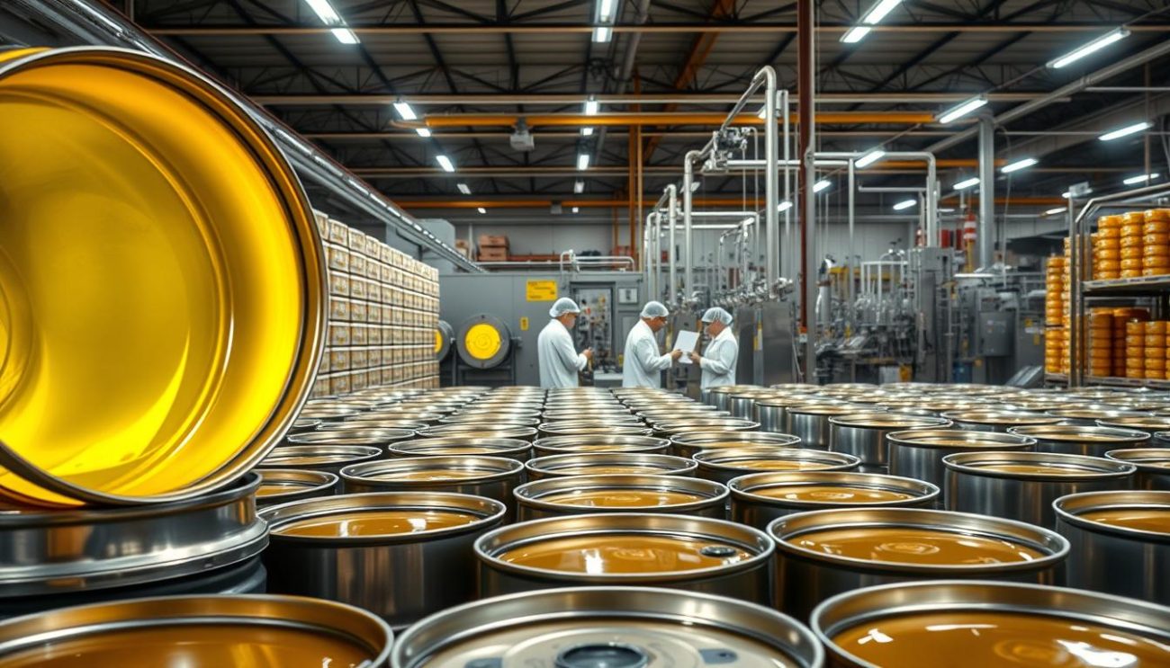 A pristine, well-lit warehouse interior showcasing rows of stacked metal drums filled with high-quality canola oil. The foreground features an open drum, revealing the golden liquid's clarity and viscosity. In the middle ground, a team of workers in white lab coats and hairnets inspect samples, ensuring consistent purity and standards. The background depicts state-of-the-art filling and packaging equipment, conveying the rigorous quality control processes. Soft, directional lighting casts a warm glow, emphasizing the oil's purity and the facility's commitment to excellence. The overall atmosphere exudes professionalism, reliability, and the importance of delivering premium canola oil to discerning customers.