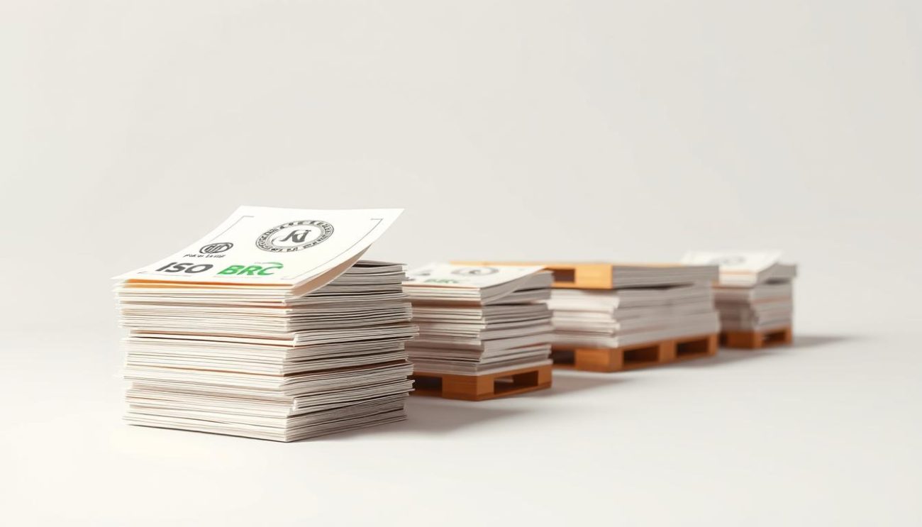 A pristine white background, with stacks of certification documents taking center stage. In the foreground, various official seals, stamps, and logos - HACCP, ISO, BRC, and more - emblazoning the certifications, showcasing the company's commitment to food safety and quality. The middle ground features neatly arranged pallets, ready for distribution, conveying a sense of professionalism and attention to detail. Subtle shadows and warm, diffused lighting create a sense of depth and atmosphere, highlighting the importance of these accreditations. The overall composition exudes an air of trust, reliability, and a dedication to upholding the highest standards in the European food industry.