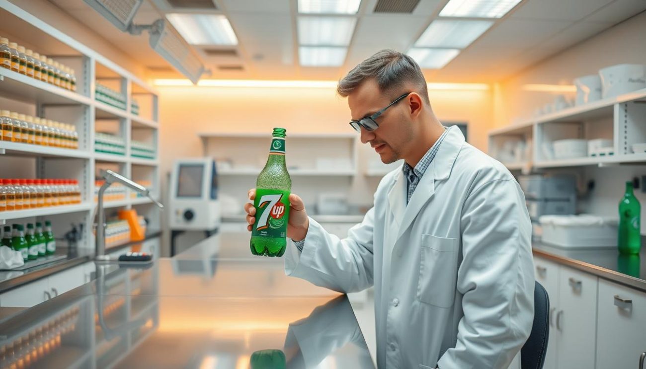 A pristine white laboratory workspace with gleaming metal countertops and precision instruments. In the foreground, a worker in a crisp white lab coat carefully inspects a bottle of 7Up, evaluating its color, clarity, and carbonation. Warm, diffused lighting from overhead casts a soft glow, highlighting the beverage's fresh, sparkling qualities. The background features shelves of neatly organized samples and testing equipment, conveying a sense of rigorous quality control. The overall atmosphere is one of professionalism, attention to detail, and a commitment to ensuring the highest standards of freshness and purity for the 7Up product.