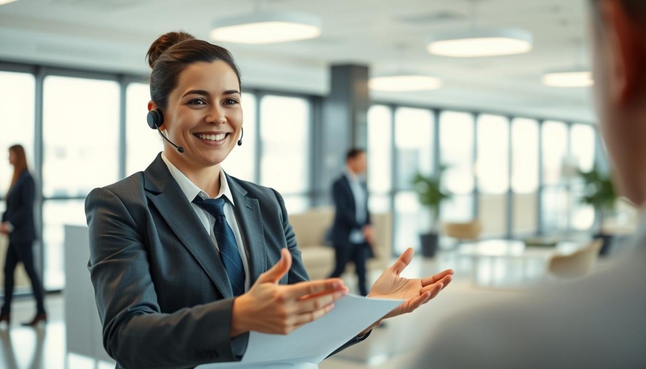 A professional customer service representative, dressed in a crisp, tailored suit, warmly welcomes a customer into a modern, well-lit office space. The representative's expression is one of genuine care and attentiveness, their body language open and inviting. In the background, sleek, minimalist furniture and large windows create a sense of spaciousness and sophistication. Soft, diffused lighting from overhead fixtures casts a welcoming glow, while a subtle depth of field keeps the focus on the engaging interaction between the representative and the customer.