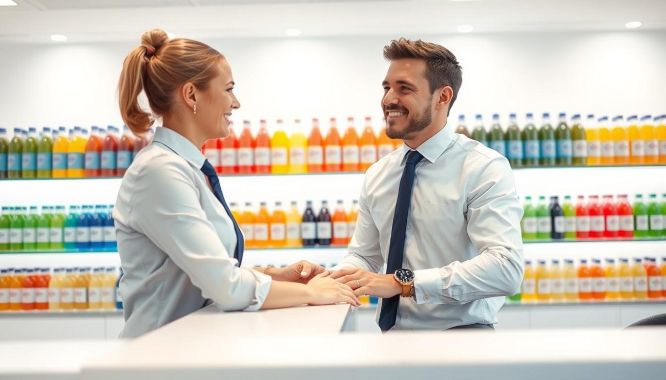 A professional customer service representative in a crisp white shirt and navy blue tie warmly greets a customer across a sleek, modern counter in a bright, well-lit office. Behind them, shelves display a range of colorful isotonic beverage bottles, creating a visually appealing and informative backdrop. The lighting is soft and diffused, casting a comfortable, inviting atmosphere. The camera angle is slightly elevated, providing a welcoming perspective that emphasizes the attentive service and high-quality product offerings of this reliable UK isotonic beverage supplier.