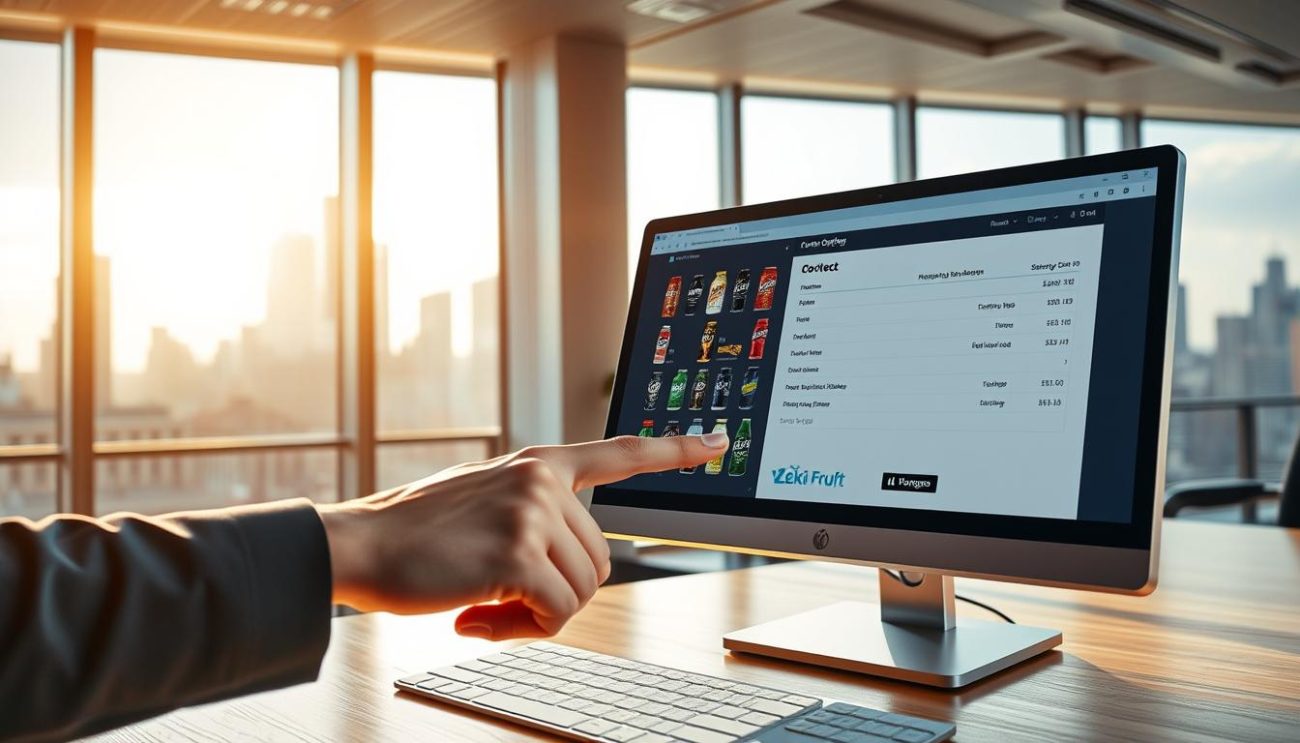 A professional, well-lit office interior with a wooden desk and a computer monitor. In the foreground, a hand is placed on a touchpad, navigating an online order form. The monitor displays a product catalog with various energy drink options. The background features floor-to-ceiling windows overlooking a bustling city skyline, bathed in warm, afternoon sunlight. The scene conveys a sense of efficiency, professionalism, and the seamless process of placing a wholesale order for Zeki Frucht GmbH's black energy drink products.