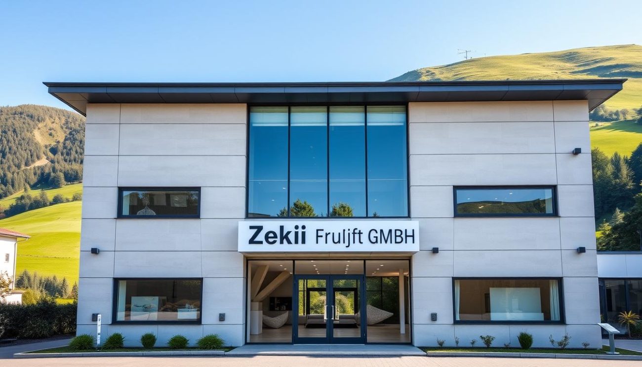 A professional, well-lit photograph of the exterior of the Zeki Frucht GmbH headquarters, a modern two-story building with clean lines and large windows. The facade is made of sleek, light-colored stone and glass, reflecting the Austrian landscape. The entrance is highlighted by a prominent sign displaying the company's name in a bold, sans-serif font. The building is situated against a backdrop of lush, rolling hills and a clear, blue sky, conveying a sense of tranquility and professionalism. The overall composition emphasizes the company's reliability, attention to detail, and commitment to quality as a trusted B2B partner.