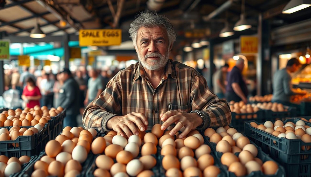 A seasoned wholesale egg seller stands behind a well-stocked display, surrounded by crates of fresh, farm-raised eggs. The vendor's weathered face exudes a sense of experience and reliability, their hands deftly arranging the eggs in an organized, inviting manner. The market stall is illuminated by warm, natural lighting, casting a soft glow over the scene. In the background, a bustling market crowd goes about their business, creating a lively atmosphere that conveys the seller's integral role in serving the community's needs. The image captures the essence of a trusted, dependable supplier catering to the demands of local businesses.