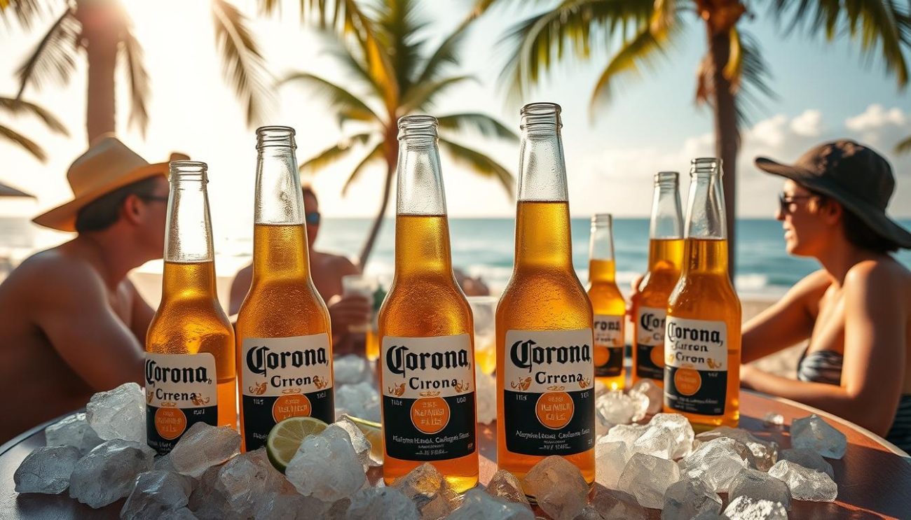 A serene beach scene with a group of friends gathered around a table, enjoying ice-cold bottles of Corona beer. The warm, golden sunlight filters through the palm trees, casting a gentle glow on the scene. In the foreground, the bottles' iconic labels and lime wedges take center stage, while in the background, a picturesque ocean vista stretches out, hinting at the laid-back, coastal culture surrounding the Corona brand. The composition is balanced, with a sense of harmony and relaxation, reflecting the social and celebratory nature of the Corona experience.