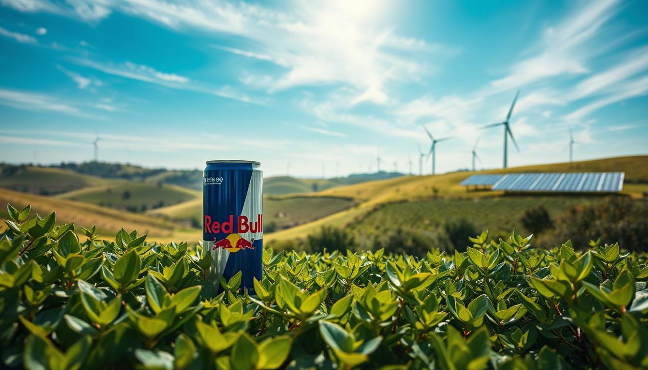 A serene scene of Red Bull's sustainability efforts, showcasing their commitment to environmental responsibility. In the foreground, a vibrant Red Bull can stands amidst lush, verdant foliage, reflecting the brand's embrace of eco-friendly practices. The middle ground features a rolling landscape of rolling hills, dotted with wind turbines and solar panels, harnessing renewable energy sources. In the background, a clear blue sky with wispy clouds creates a tranquil, hopeful atmosphere. The lighting is soft and natural, highlighting the harmonious integration of the brand's iconic imagery with sustainable technologies. Captured through a wide-angle lens, the composition conveys a sense of balance and environmental stewardship.