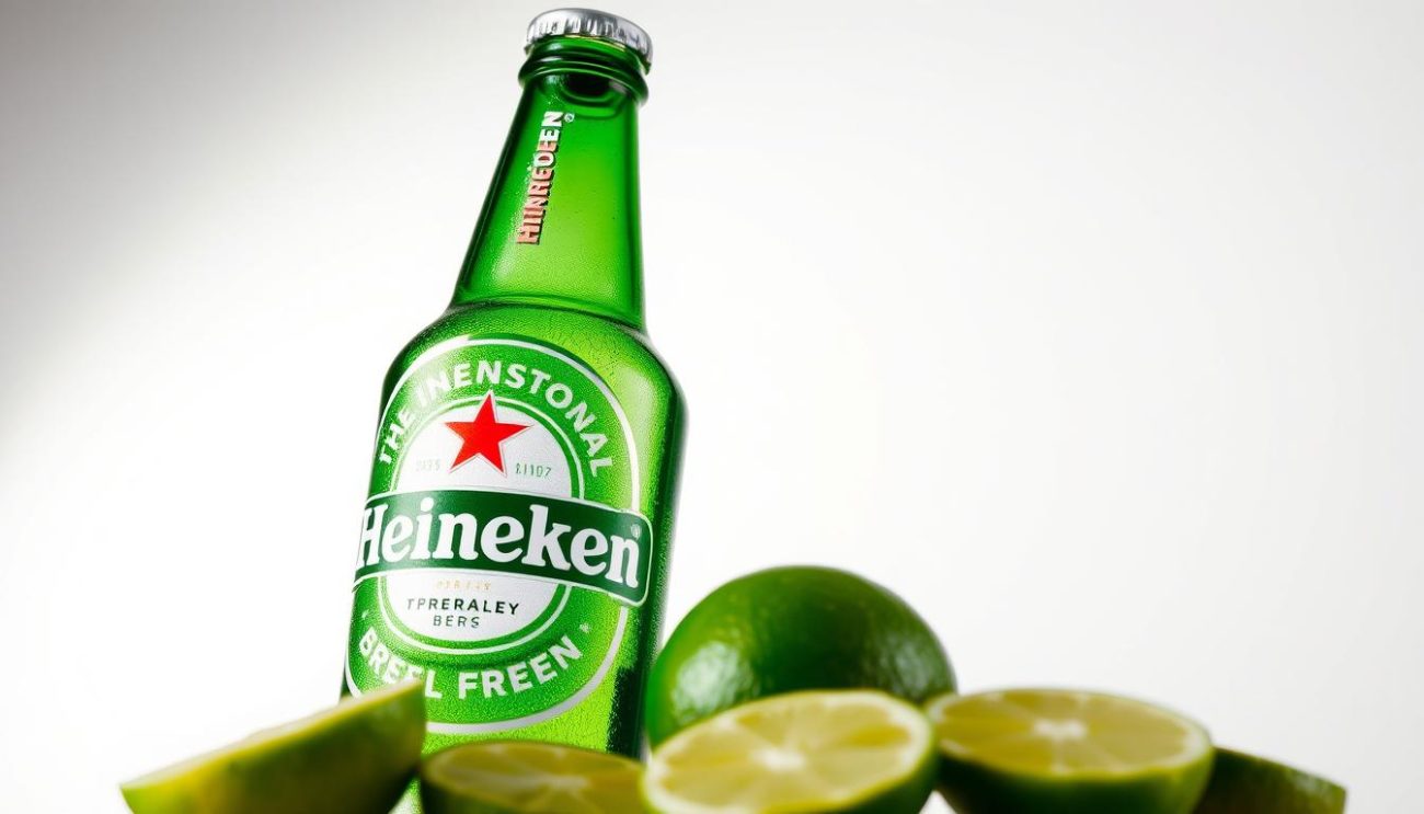 A sharply detailed bottle of Heineken beer, with its iconic green glass and silver cap, set against a clean, bright background. The bottle is illuminated from the side, casting soft shadows and highlighting the embossed Heineken logo. In the middle ground, a few sliced limes or lemons add a vibrant, citrusy contrast. The overall scene conveys a sense of quality, refreshment, and the classic appeal of this beloved beer brand.