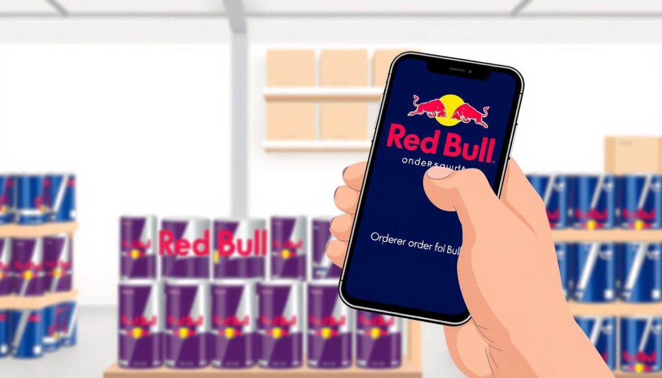 A simple and quick Red Bull ordering procedure depicted in a realistic vector illustration. In the foreground, a customer's hand is placing an order on a smartphone, with the Red Bull logo prominently displayed. The middle ground shows neatly stacked Red Bull cans in a warehouse setting, conveying efficiency and organization. The background features clean, minimalist shelving and a neutral color palette, creating a sense of professionalism and streamlined logistics. The lighting is soft and natural, emphasizing the simplicity and ease of the ordering process. The overall scene conveys a modern, straightforward, and hassle-free experience for purchasing Red Bull products.