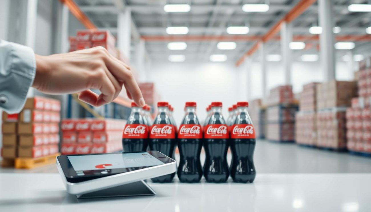 A simple order process unfolds against a bright, clean backdrop. In the foreground, a customer places an order on a sleek, minimalist device, their fingers gliding over a touchscreen interface. The middle ground showcases neatly stacked Coca-Cola 330ml bottles, their iconic red and white labels gleaming under soft, even lighting. In the background, a modern, well-organized warehouse setting suggests efficiency and reliability. The overall mood is one of streamlined professionalism and user-friendly convenience, reflecting the "simple order process" theme.