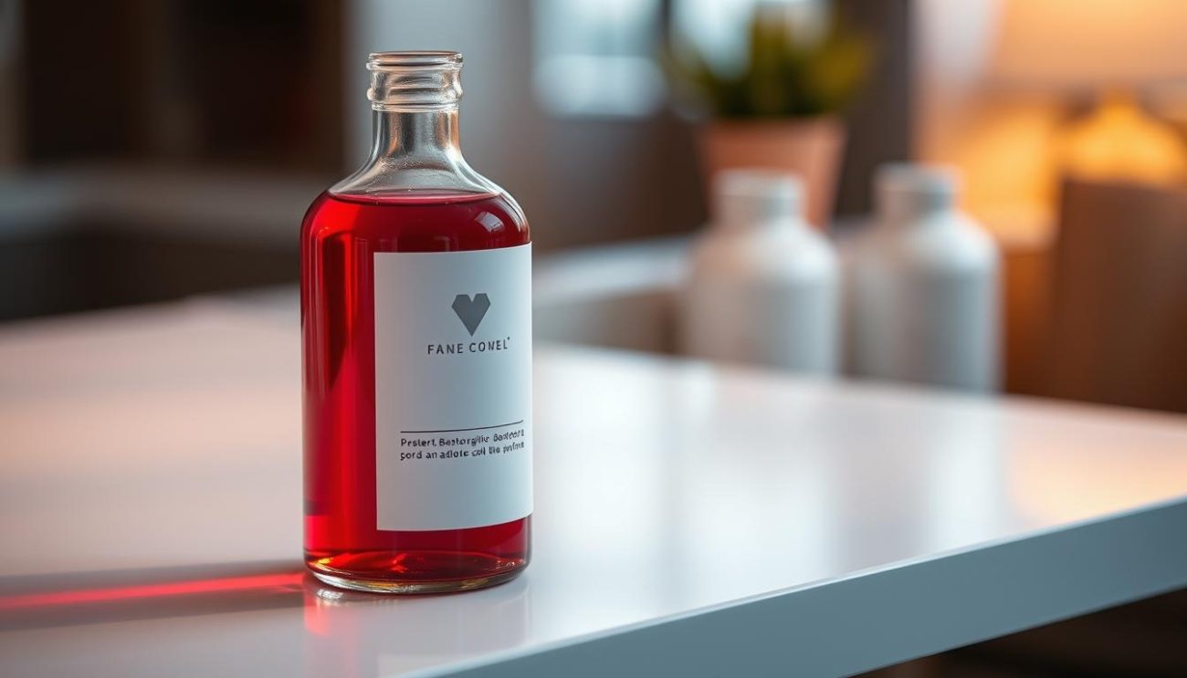 A sleek and modern glass bottle filled with a vibrant ruby-red liquid, resting on a clean, white tabletop. The bottle's label features minimalist typography and a simple, yet elegant design, conveying a sense of premium quality. Soft, indirect lighting casts a warm glow on the scene, highlighting the bottle's transparency and the liquid's alluring hue. The background is blurred, allowing the bottle to take center stage, commanding attention and exuding an aura of sophistication. The overall composition communicates the importance of quality, craftsmanship, and attention to detail in the creation of functional, adaptogenic beverages.