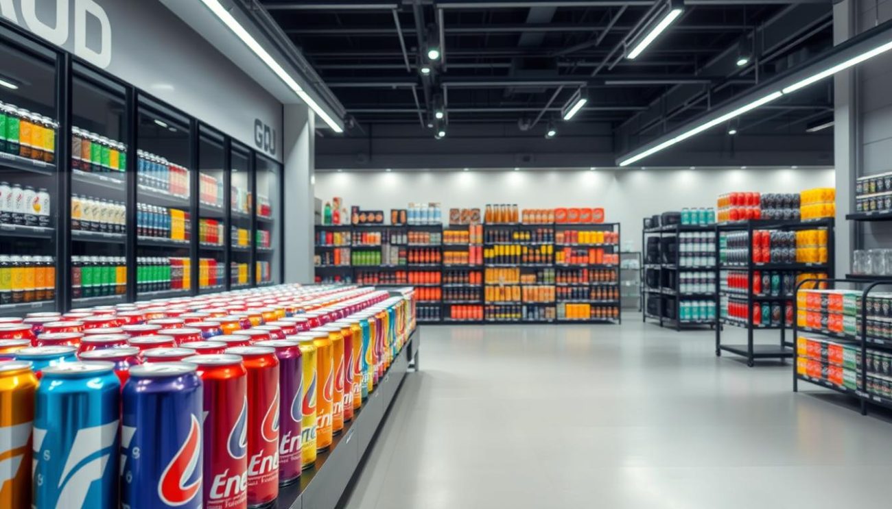A sleek and modern online store specializing in high-quality energy drinks. The storefront is well-lit, with large display windows showcasing an array of vibrant cans and bottles. In the foreground, a diverse selection of energy drink flavors is neatly arranged, inviting the viewer to explore the wide range of products. The middle ground features a clean, minimalist design with muted colors, allowing the products to take center stage. In the background, a subtle grid of shelves and racks suggests an expansive inventory, conveying a sense of a well-stocked and reliable wholesale supplier. The overall atmosphere is one of professionalism, quality, and a commitment to providing a seamless online shopping experience for the target market.