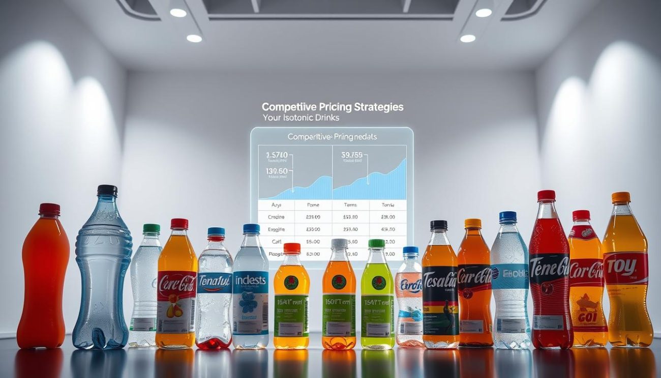 A sleek and modern visual display of competitive pricing strategies for isotonic drinks. In the foreground, a well-lit arrangement of various isotonic drink bottles, each with a clearly visible price tag. The middle ground features a holographic infographic showcasing comparative pricing data and market trends. The background has a minimalist, studio-like setting with clean white walls and subtle ambient lighting, creating a sense of professionalism and sophistication. The overall composition conveys a balanced, data-driven approach to pricing strategy for this specific beverage category.