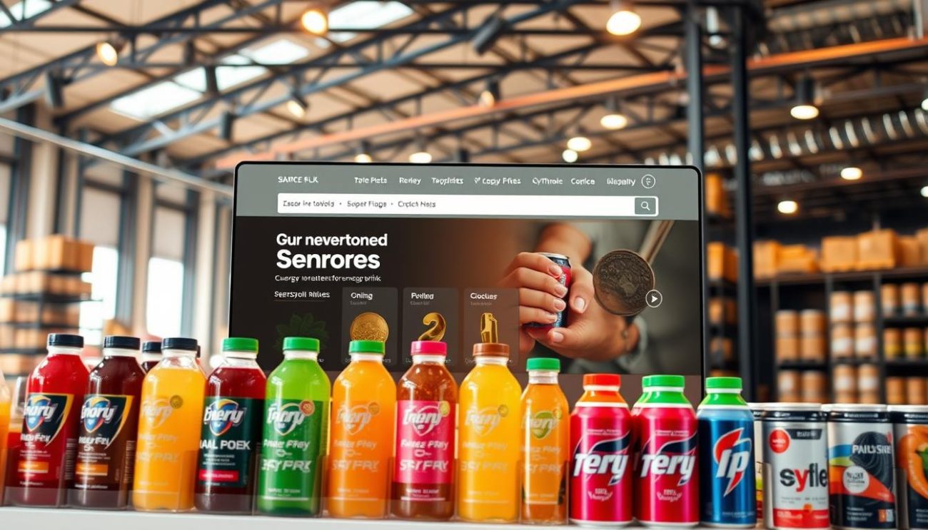 A sleek and modern webshop showcasing a variety of discounted energy drinks. The foreground features a clean and minimalist product display, with various flavors and sizes of energy drinks neatly arranged. The middle ground showcases a user-friendly interface, with intuitive navigation and clear pricing information. The background depicts a softly lit, industrial-style warehouse setting, hinting at the wholesale nature of the business. The lighting is a combination of warm, directional spotlights and soft, ambient illumination, creating a welcoming and professional atmosphere. The camera angle is slightly elevated, providing a comprehensive view of the webshop layout and product range.