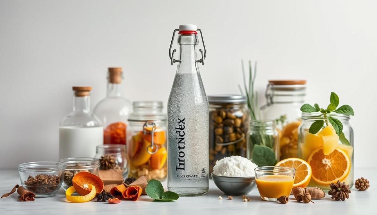 A sleek and organized arrangement of sugar-free organic mixer ingredients on a clean, minimalist tabletop. In the foreground, various glass bottles and jars filled with natural botanicals, citrus peels, and aromatic spices. In the middle ground, a vintage-inspired glass bottle with a swing-top cap, containing a clear, effervescent liquid. In the background, a neutral-toned wall provides a crisp, well-lit backdrop, highlighting the elegant simplicity of the mise-en-scène. The scene conveys a sense of purity, quality, and attention to detail, perfect for showcasing the key features and specifications of a premium tonic water product.