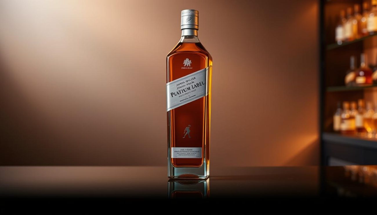 A sleek and sophisticated bottle of Johnnie Walker Platinum Label stands prominently on a polished, reflective surface. The bottle's elegant design, with its distinct platinum label, is illuminated by soft, directional lighting that casts subtle shadows, highlighting its premium quality. In the background, a subtle gradient of warm and cool tones creates a refined, high-end atmosphere, reminiscent of an upscale liquor store or tasting room. The overall composition conveys a sense of exclusivity and luxury, perfectly suited to showcase the special promotional offers for this exceptional Scotch whisky.